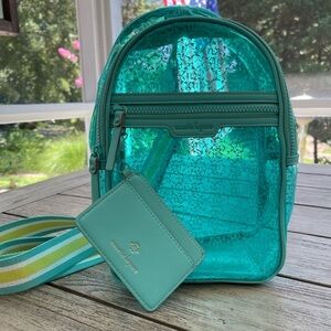 Nanette Lepore Kourt Logo Teal Clear Sling Bag with Card Holder